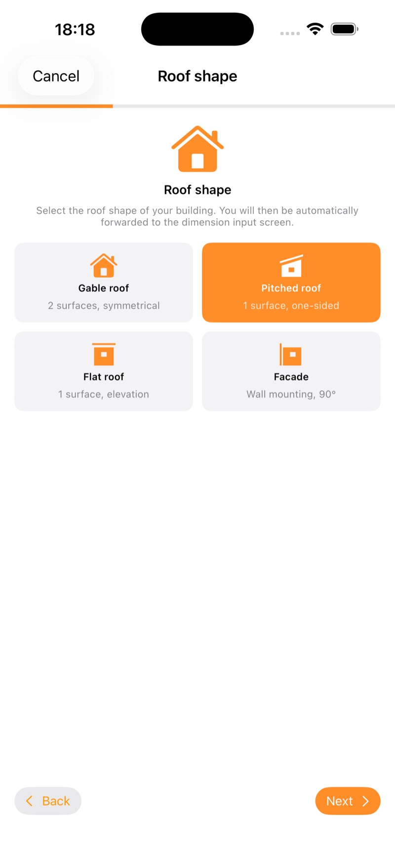 Roof shape selection in the wizard