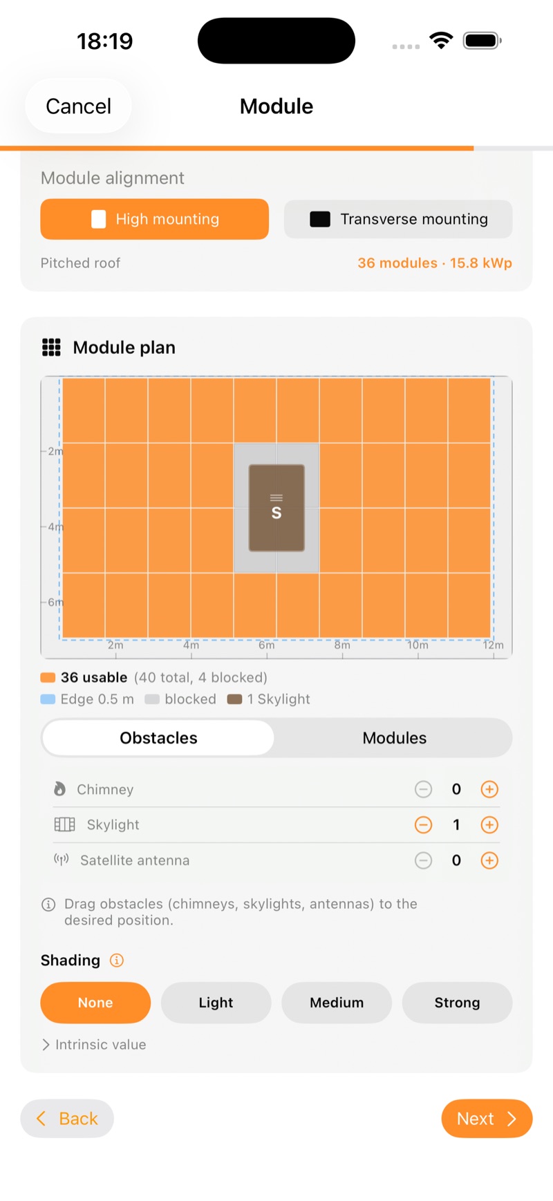 Module plan in PV Wizard: 36 usable modules, one skylight as obstacle