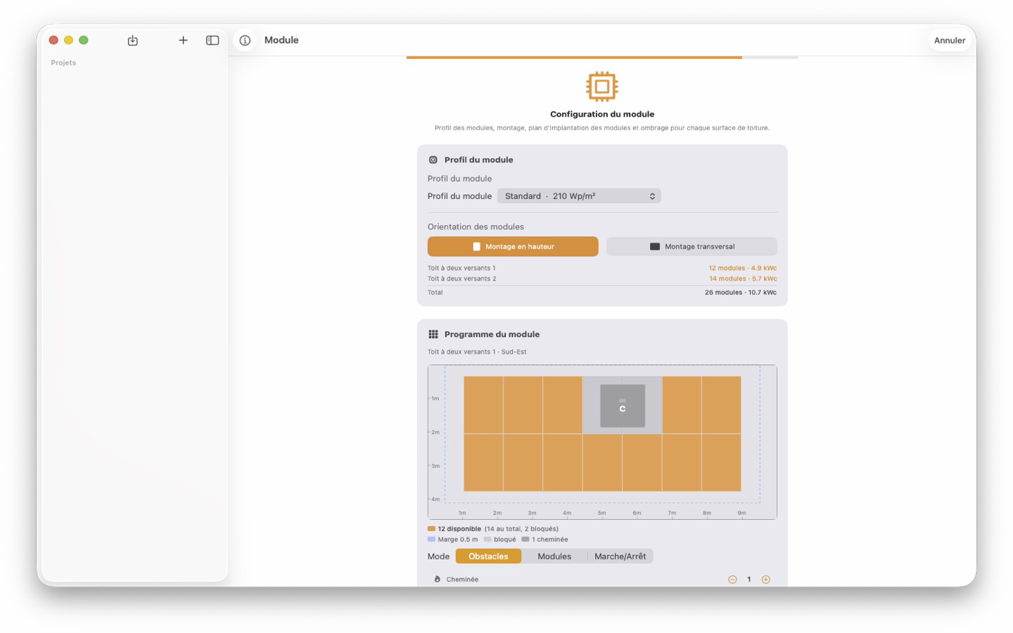 PV Wizard sur Mac : configuration du module avec barre latérale des projets