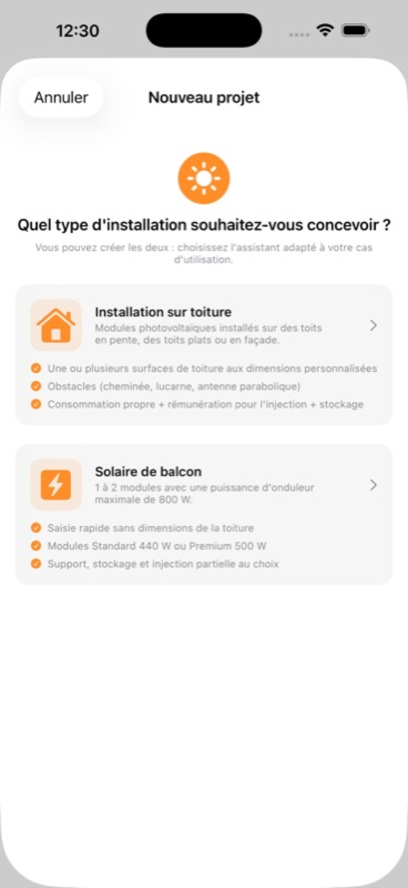 Sélection du type d'installation : toiture ou solaire de balcon