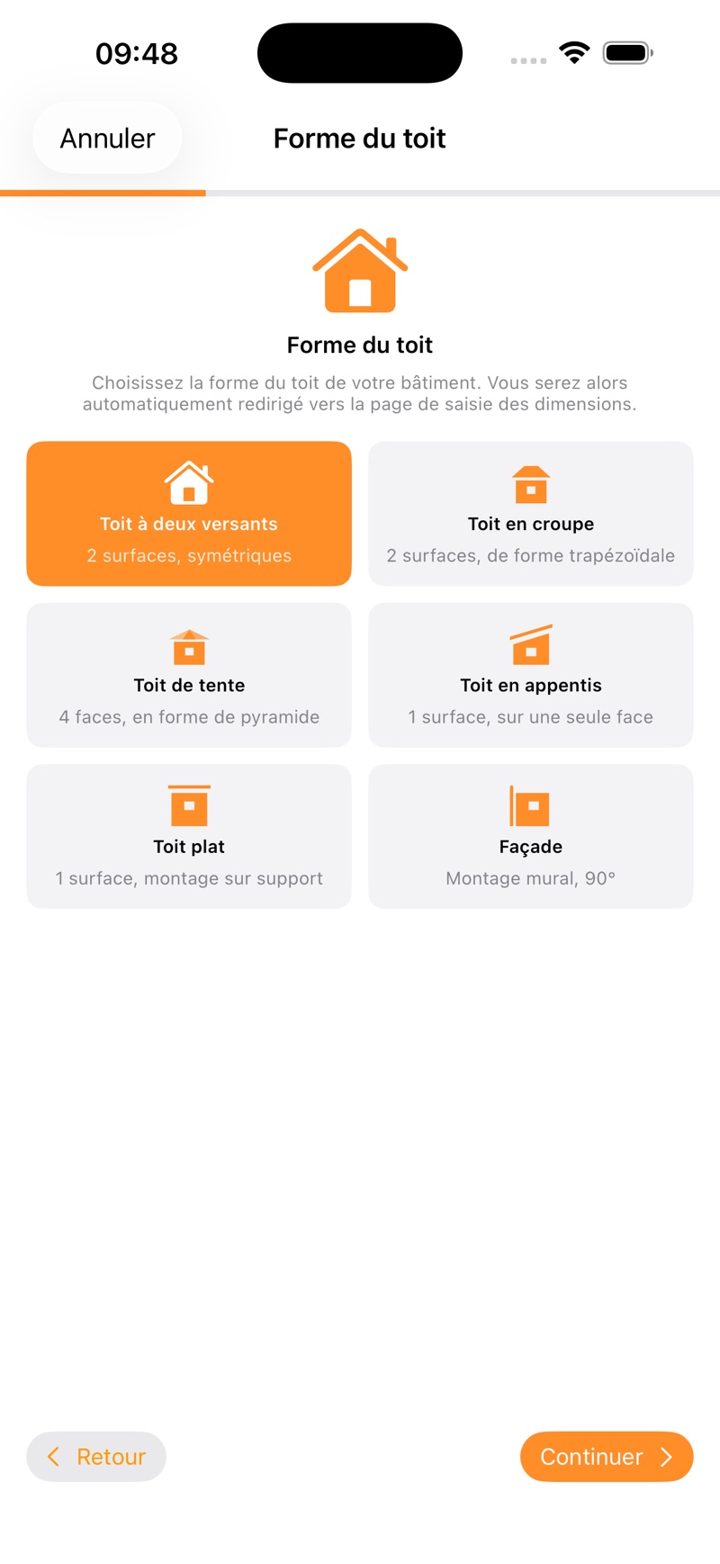 Sélection de la forme du toit dans l'assistant