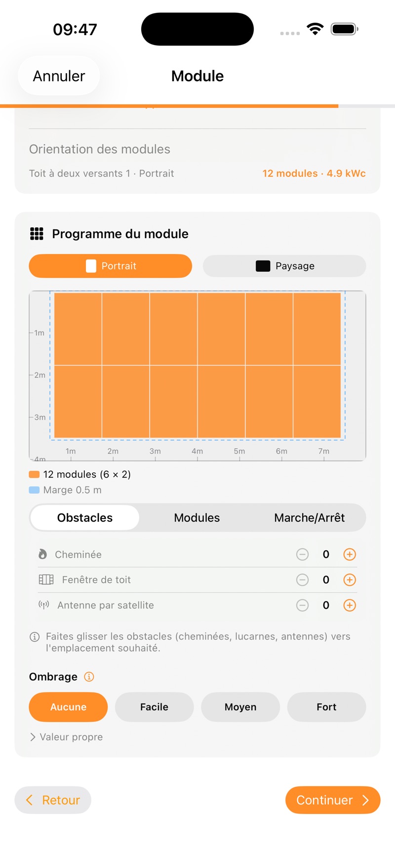 Plan des modules dans PV Wizard : 36 modules utilisables, une lucarne comme obstacle