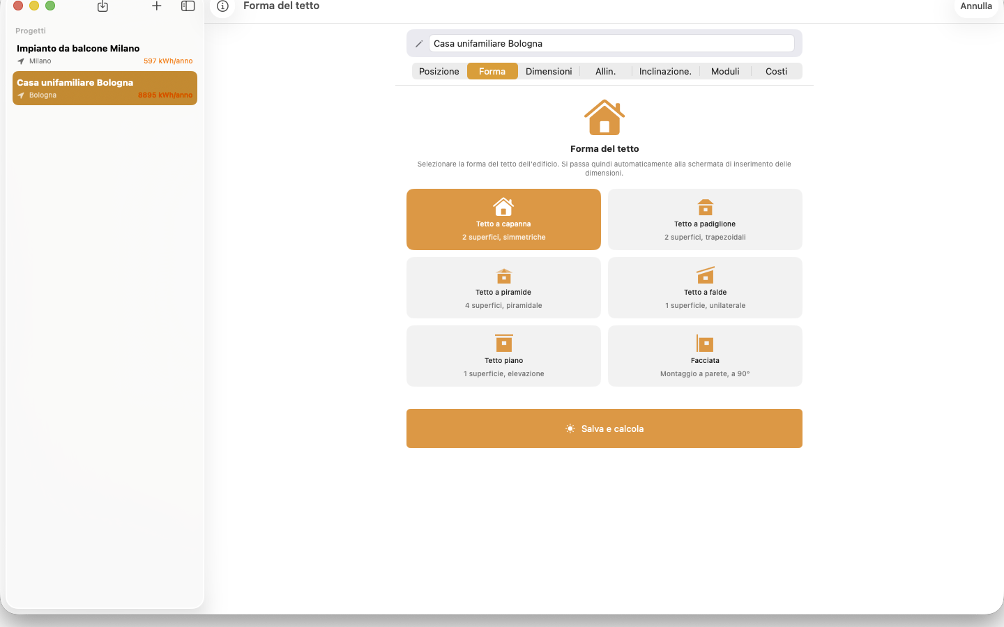 PV Wizard su Mac: selezione della forma del tetto con barra laterale dei progetti