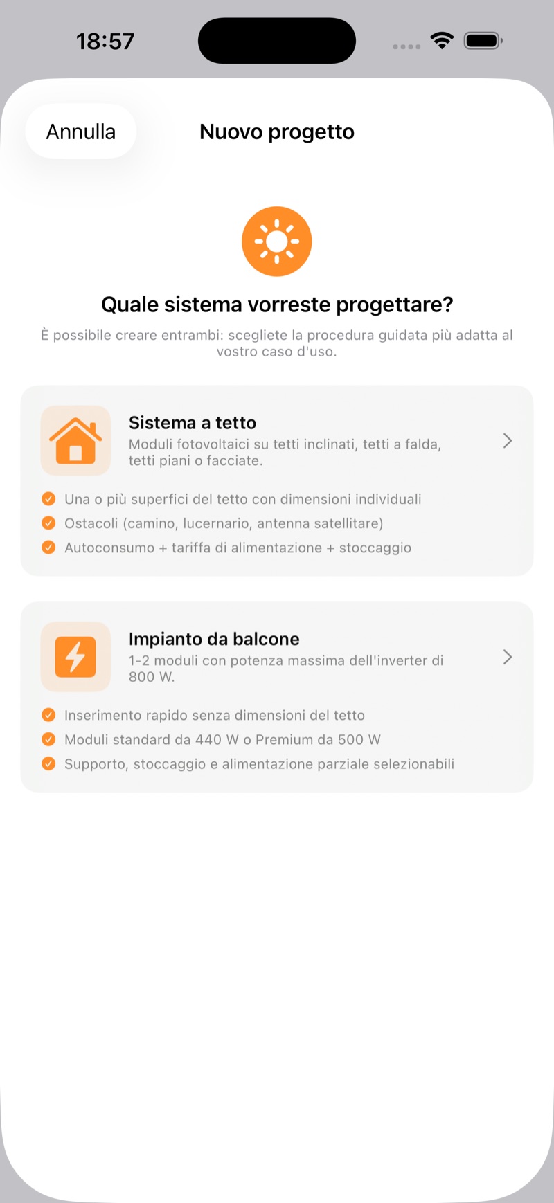 Selezione del tipo di impianto: impianto sul tetto o da balcone
