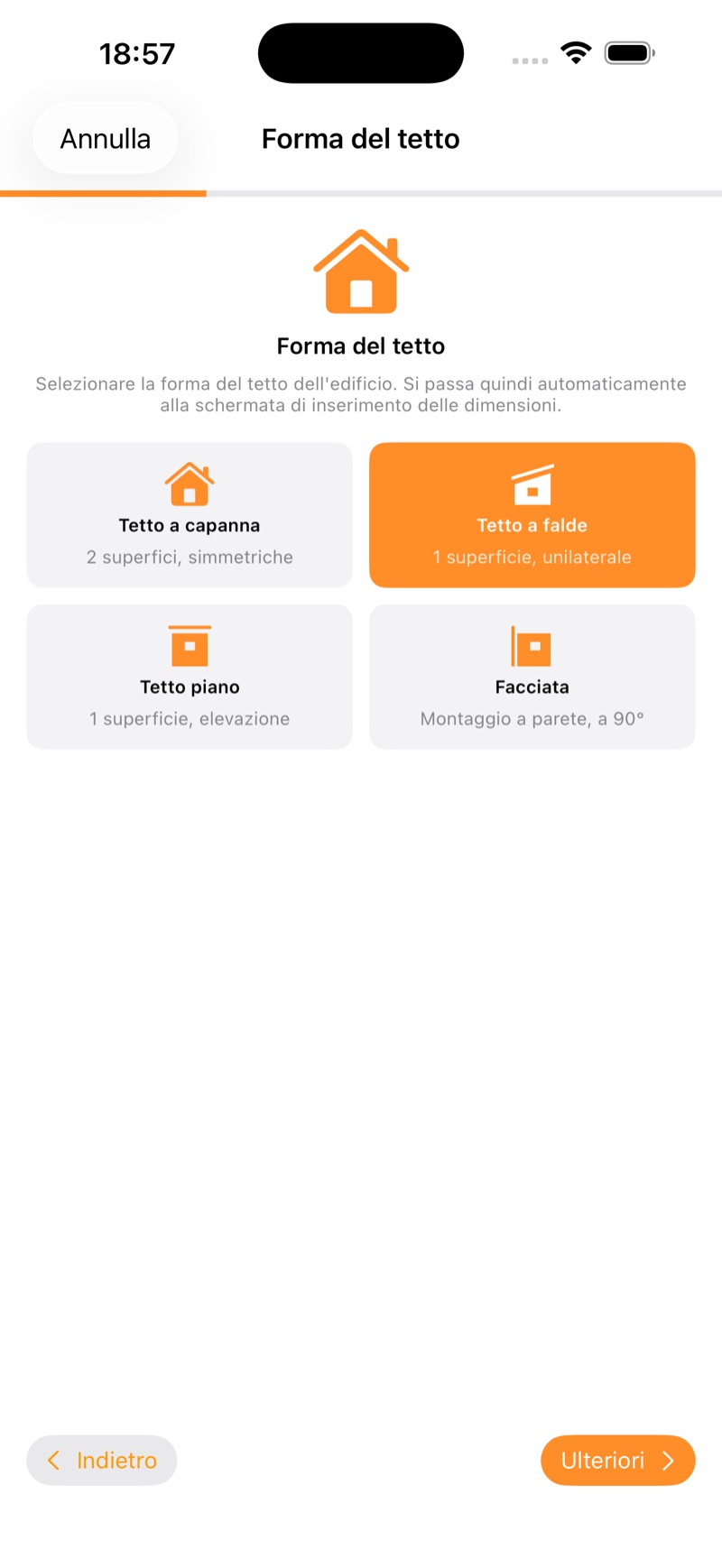Selezione della forma del tetto nel wizard