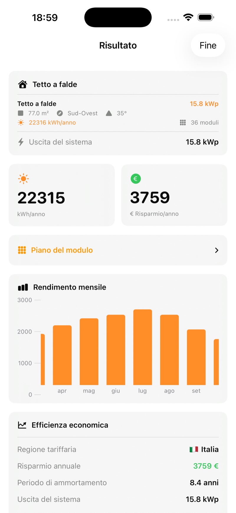 Vista dei risultati con rendimento annuale e grafico mensile