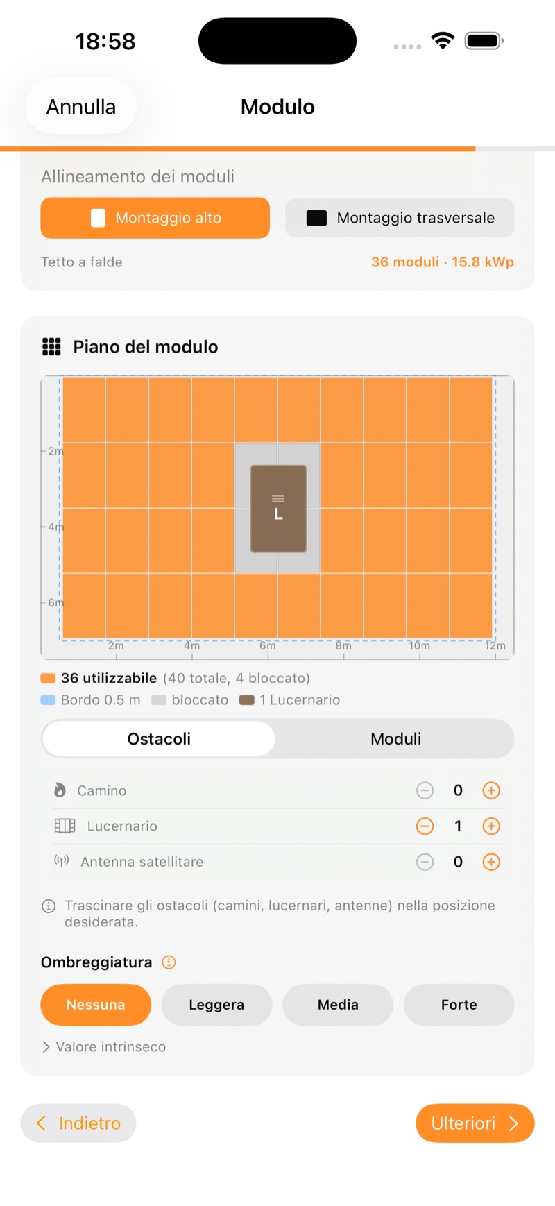 Piano moduli in PV Wizard: 36 moduli utilizzabili, un lucernario come ostacolo