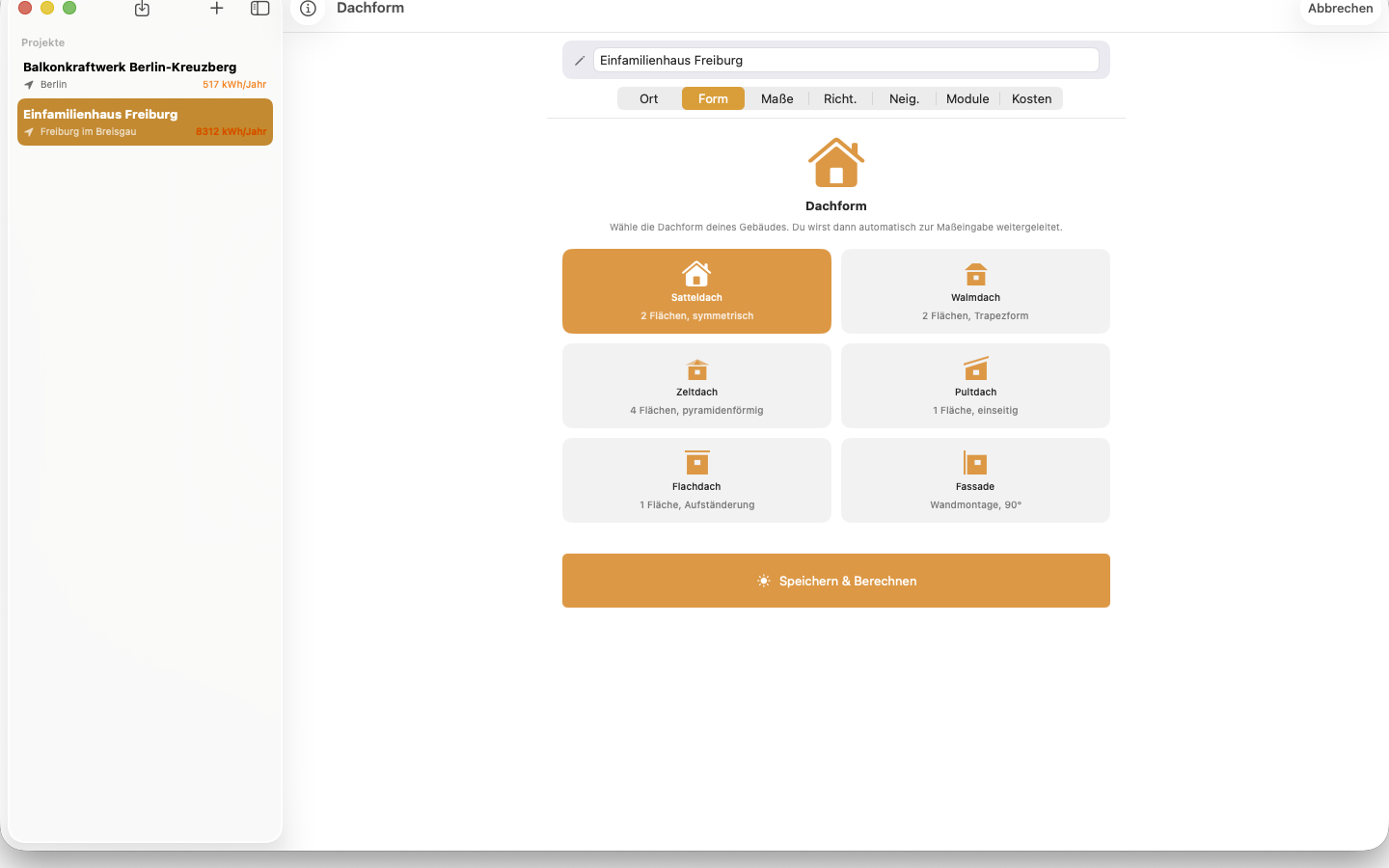 PV Wizard auf dem Mac: Dachform-Auswahl mit Projekt-Sidebar