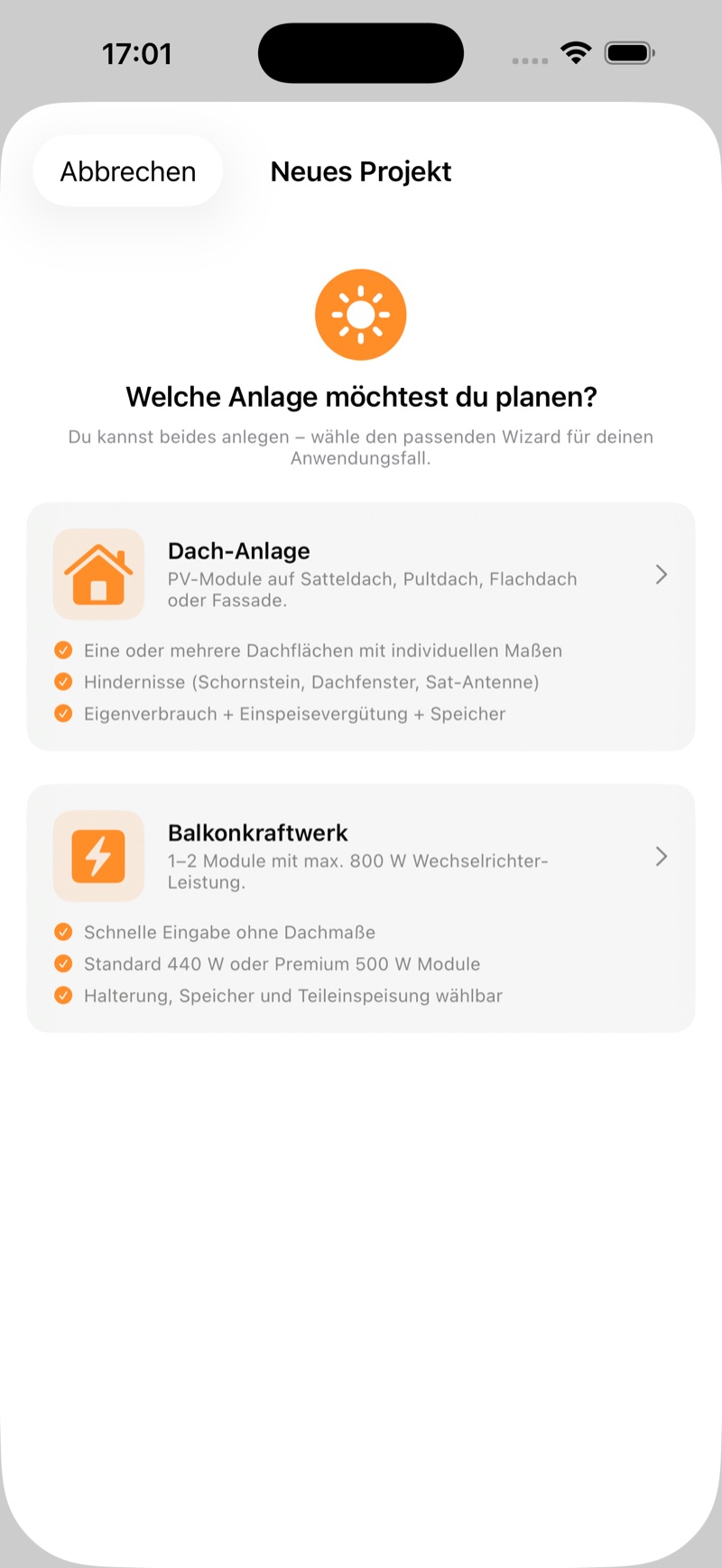 Anlagentyp-Auswahl: Dachanlage oder Balkonkraftwerk