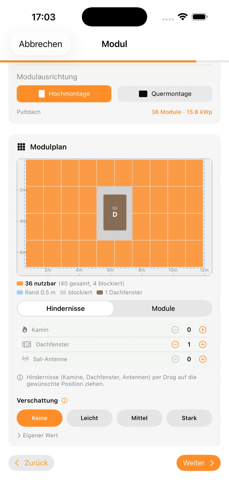 Modulplan in PV Wizard: 36 nutzbare Module, ein Dachfenster als Hindernis