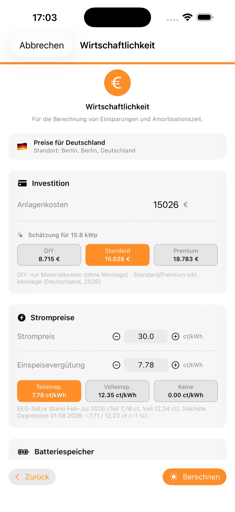 Wirtschaftlichkeit: Kosten, Eigenverbrauch, Batteriespeicher