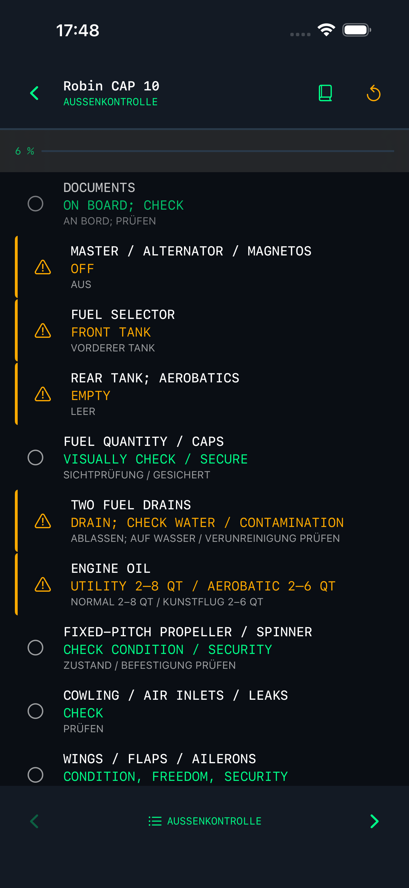 Eine aktive Flugzeug-Checkliste in SimProcedures auf dem iPhone