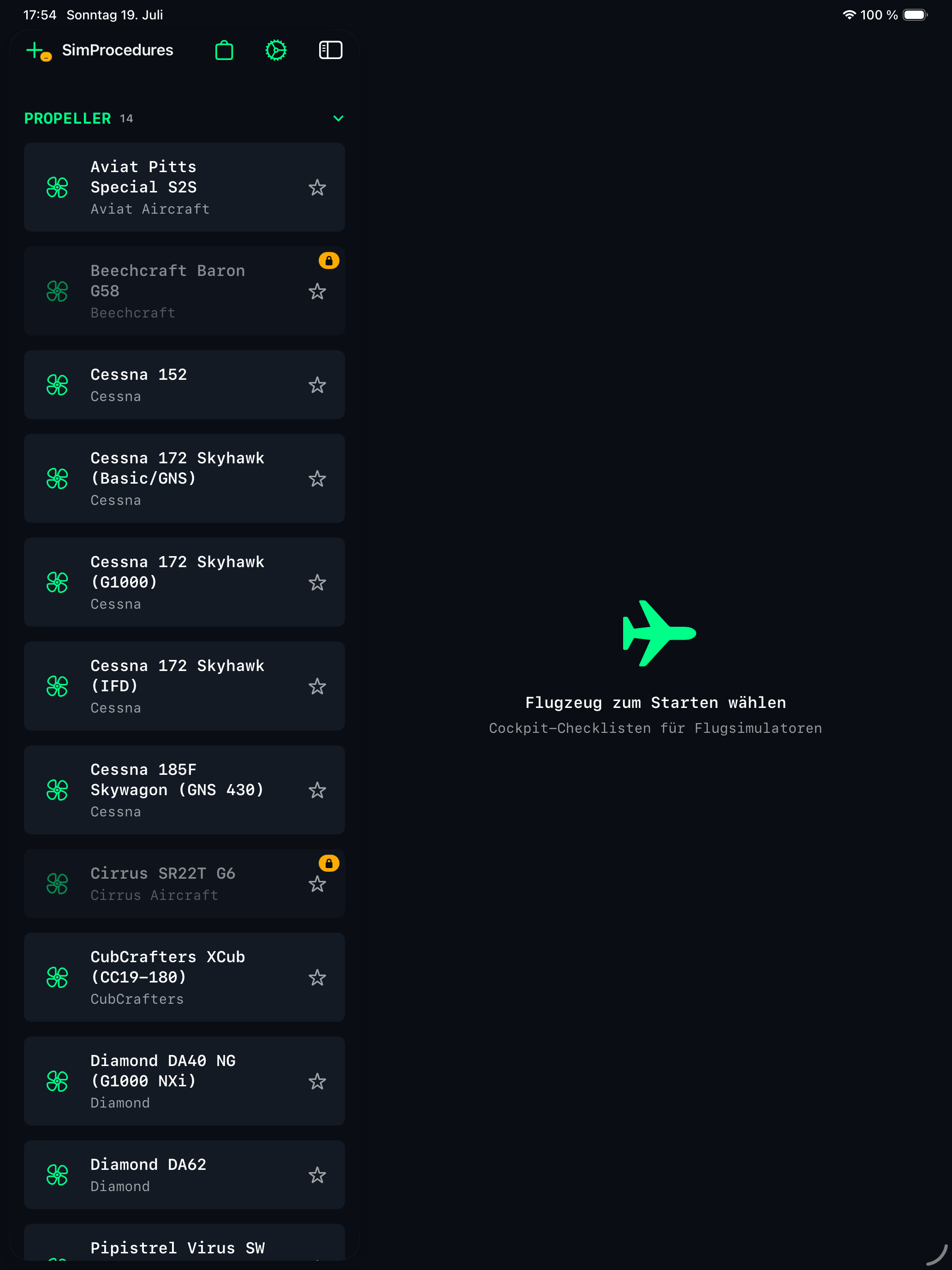 SimProcedures-Flugzeugbibliothek auf dem iPad